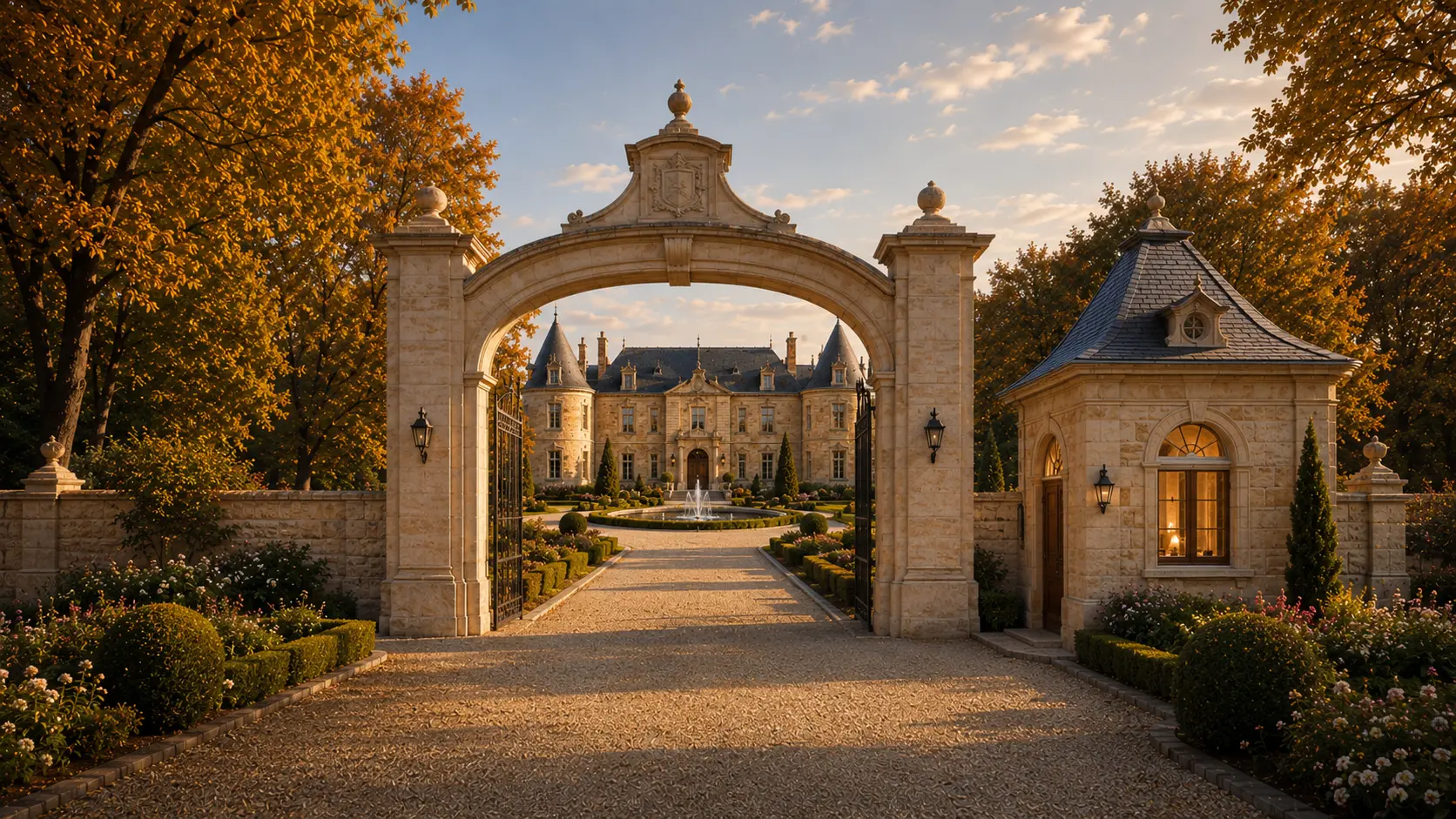 Helles Sandsteinschloss hinter einem geöffneten Eingangstor im frühherbstlichen Park